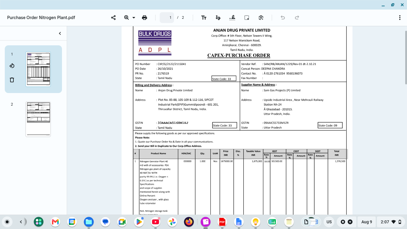 Purchase Order Nitrogen Plant